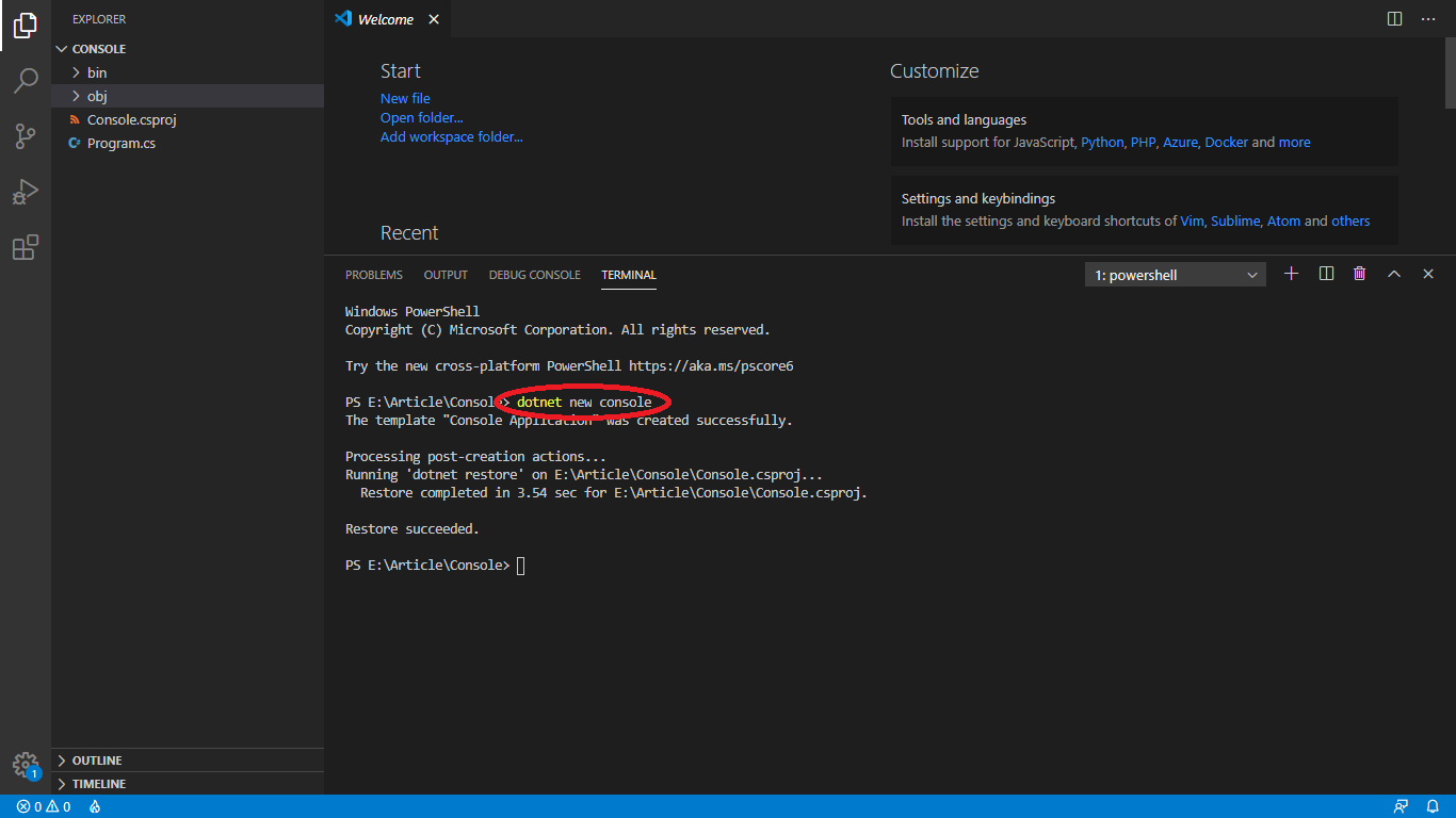 How to create console application in Visual Studio Code